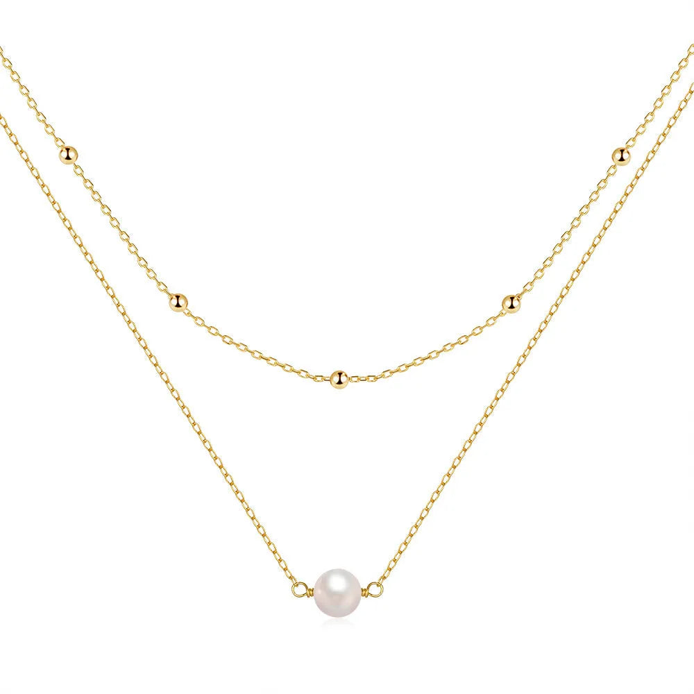 S925 sterling silver double layer necklace with twin pearls on geometric ball bead chain