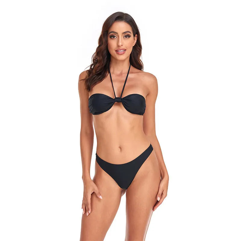 Black women's bikini set with lace-up front tube top and briefs.