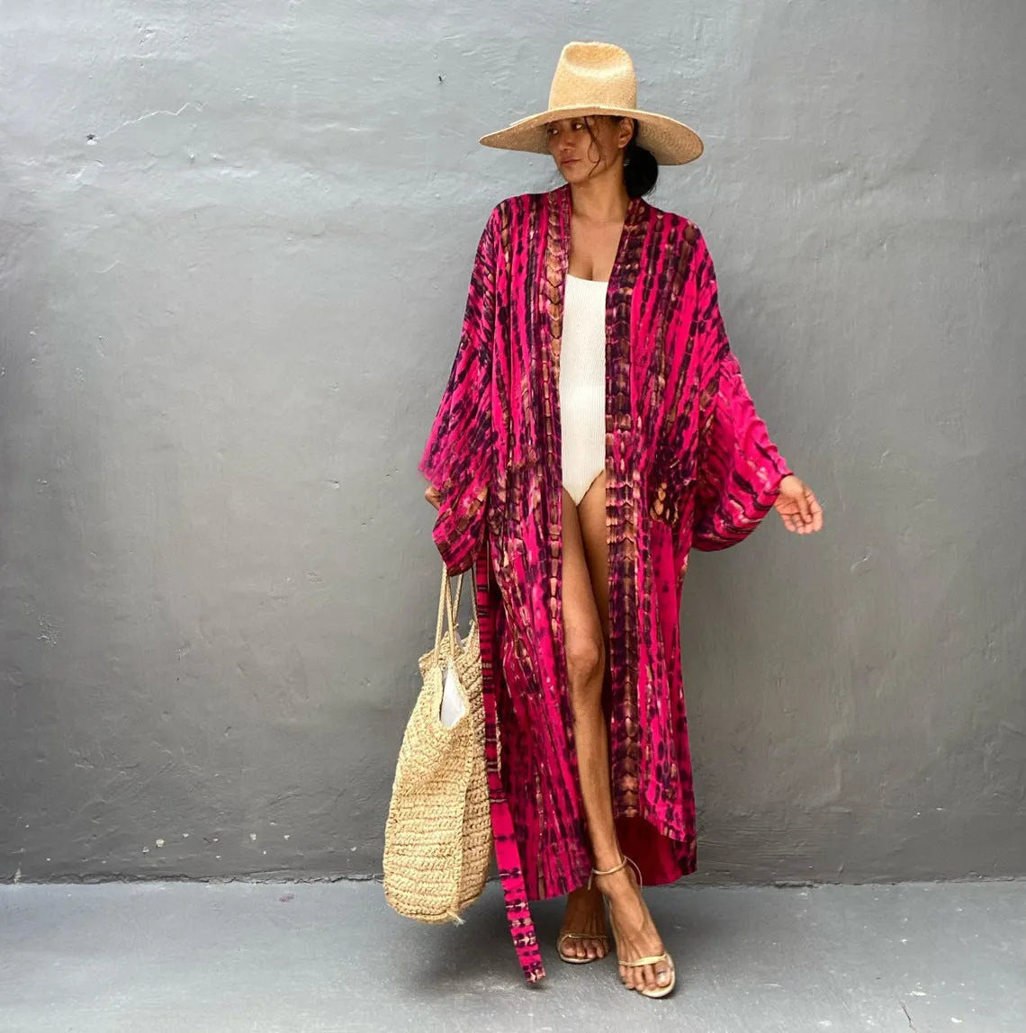 Women's printed cotton beach cover-up shirt in loose fit for sun protection over bikini.