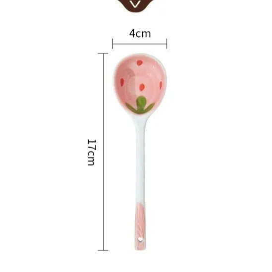 Cute strawberry design porcelain dinnerware set with flower bowls, straw hat plates, and a twist spoon.