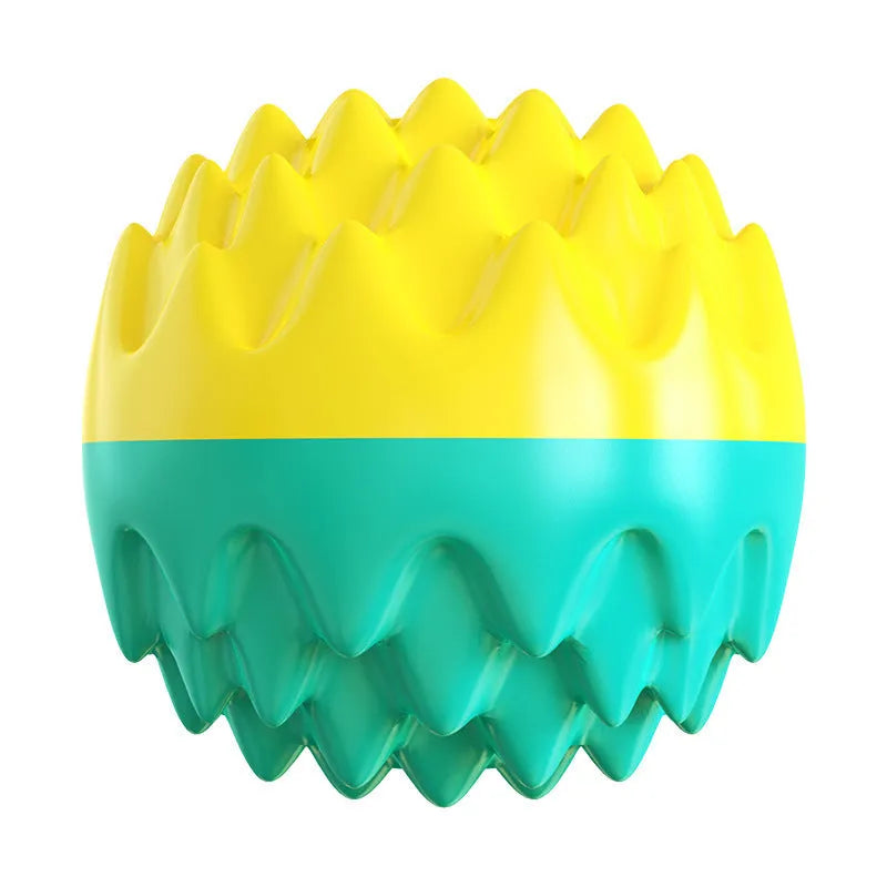 Blue and orange durable rubber squeaky dog ball with texture bumps for teeth cleaning.