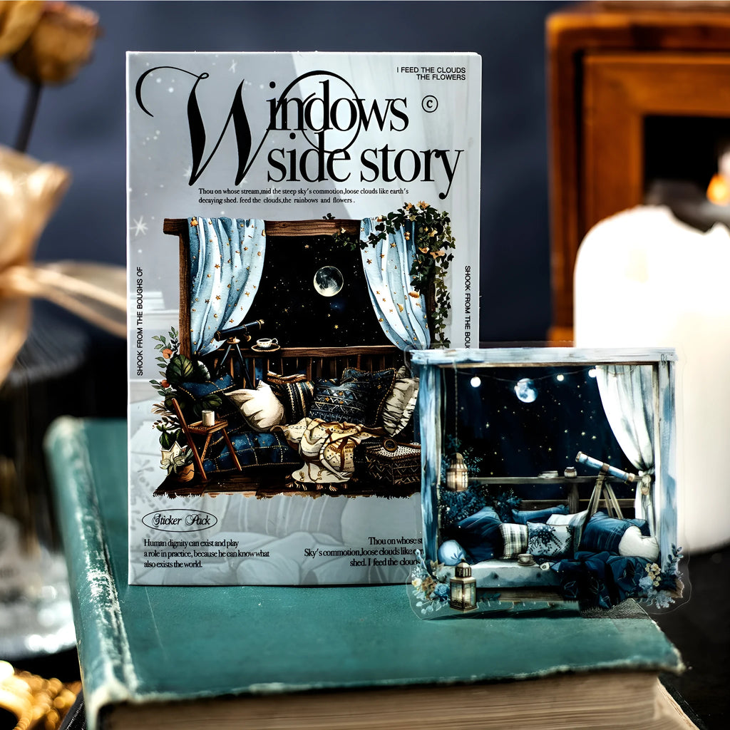 Set of six retro-themed window scene decorative stickers for journals, including seaside and garden designs.