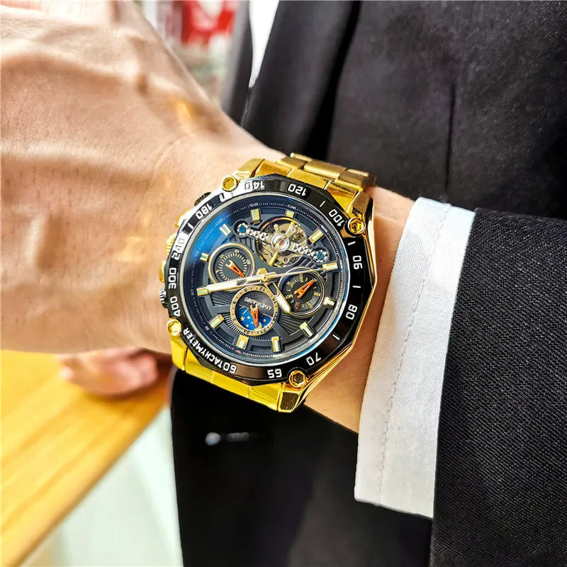Men's automatic mechanical watch with silver case and black dial showing 12mm thickness