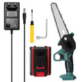 Black cordless mini electric chainsaw with 4-inch bar held in one hand for garden use.