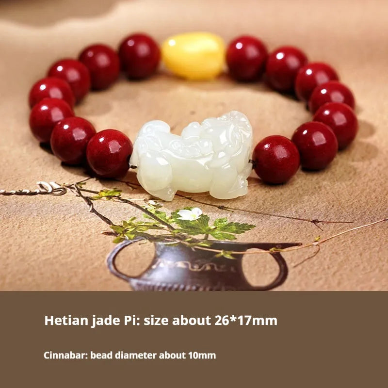 Hetian jade bead bracelet with black and red adjustable braided cord, Chinese style jewellery.