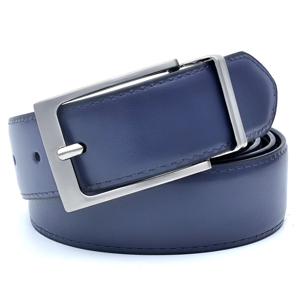 Men's dark brown genuine leather belt with a silver rotating pin buckle laid flat.