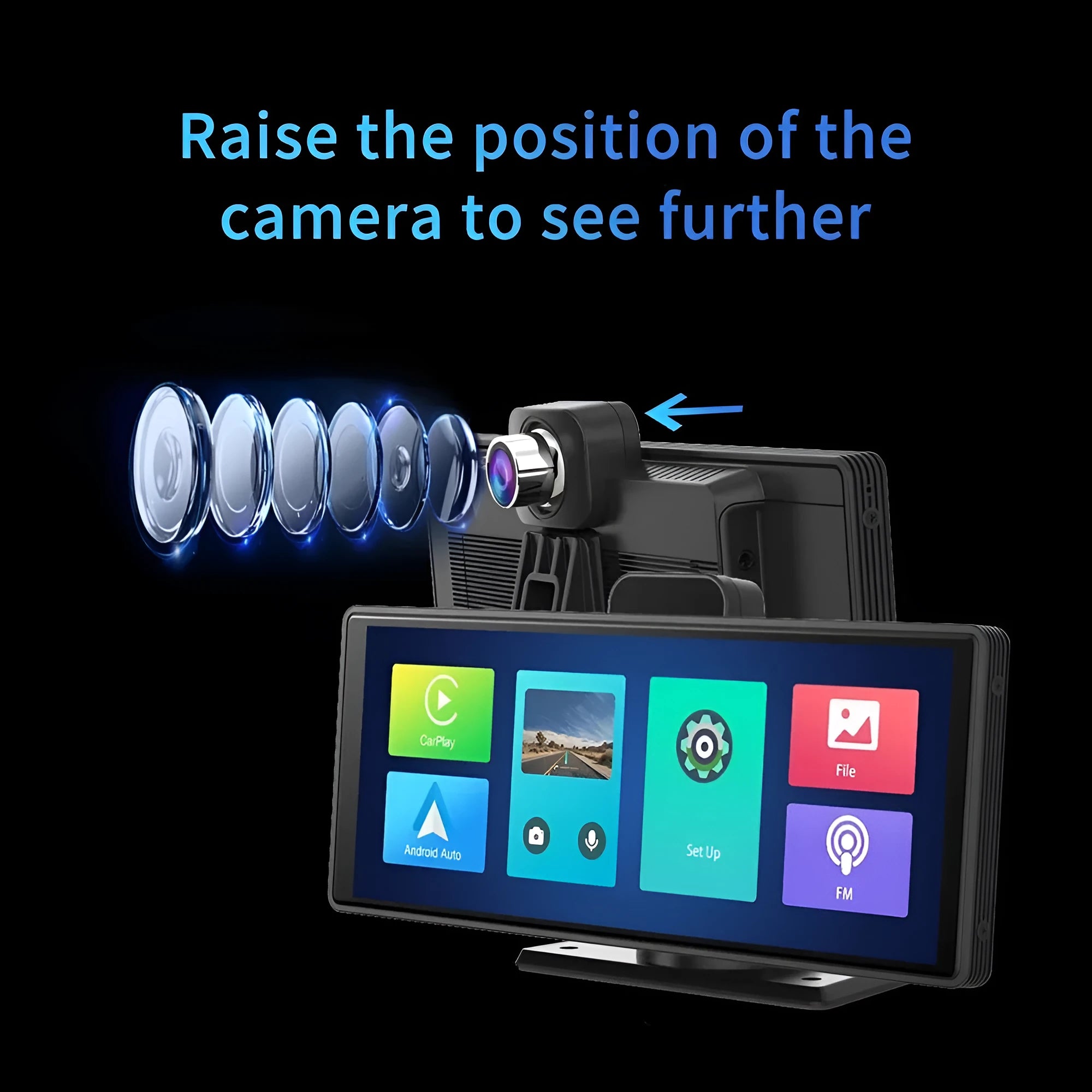 Black 12-inch touch screen car dash cam recorder with rear camera on a car windscreen.