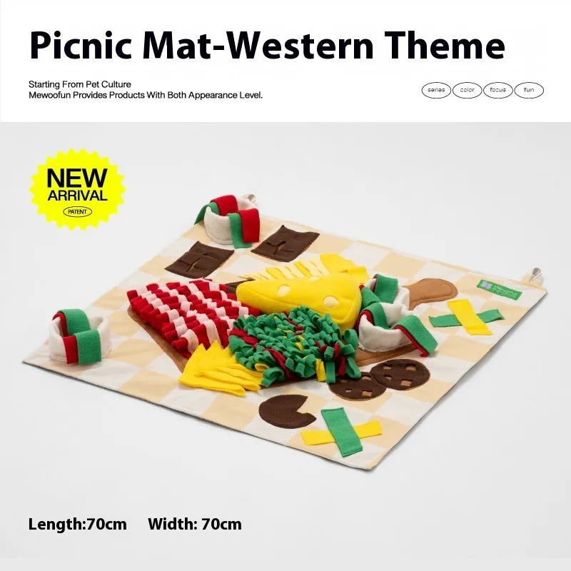 Plastic fabric dog sniffing mat with food hiding design in garden camping theme