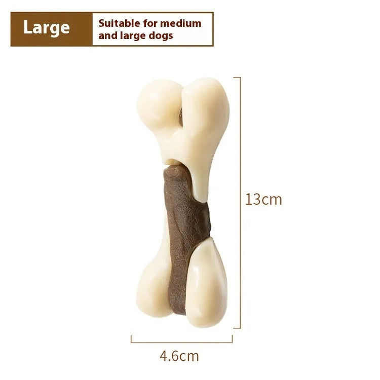 Cowhide and nylon bone-shaped grinding rod chew toy for dogs in two sizes.