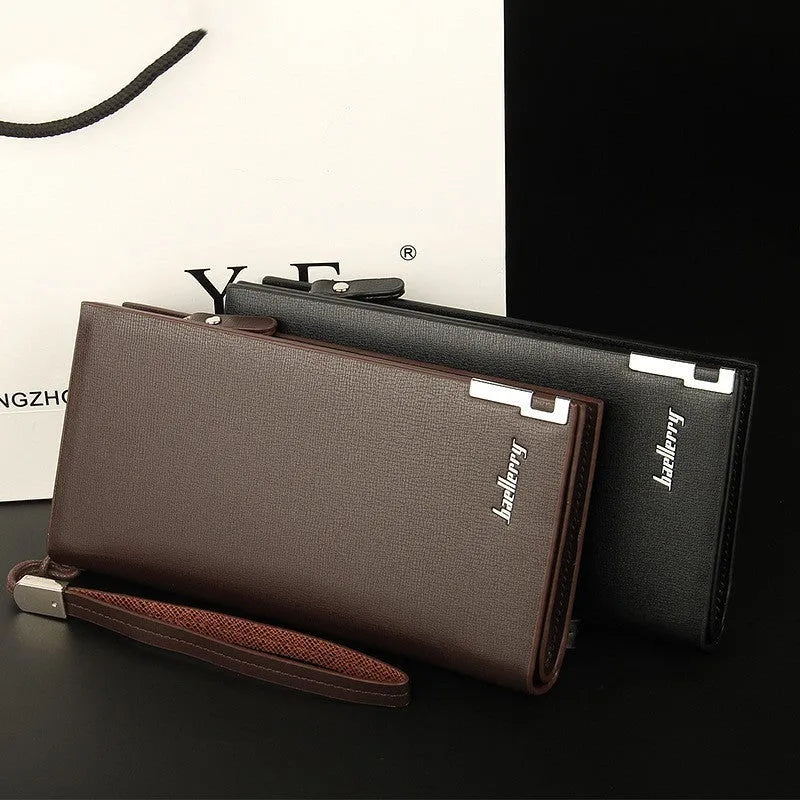 Men's long black PU leather wallet with a silver zipper closure.