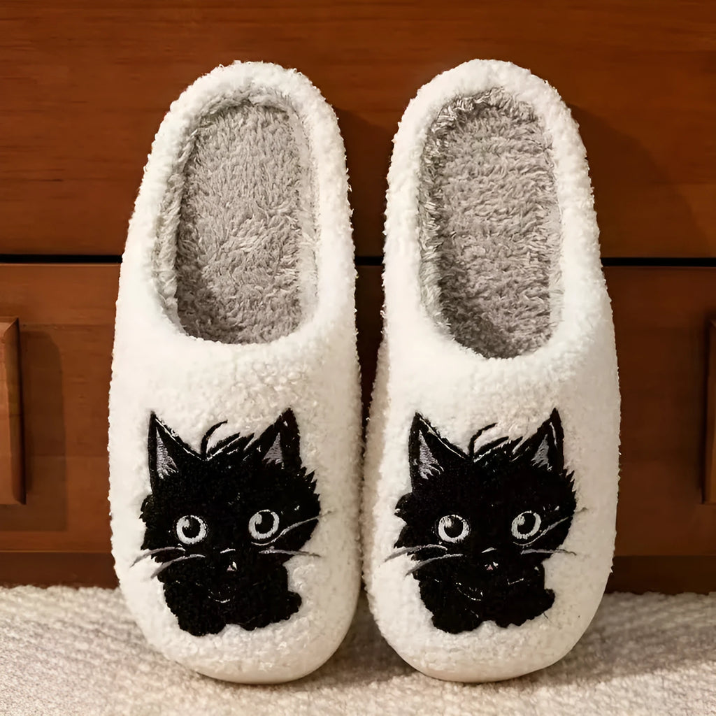 White Black Beard Cat cartoon plush slippers for couples with non-slip sole