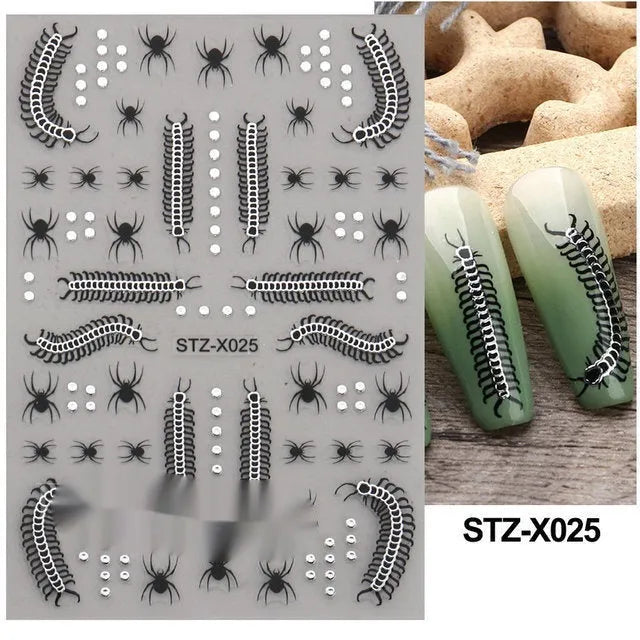 Plastic sheet of black, silver, and cartoon design nail art stickers for DIY manicures.