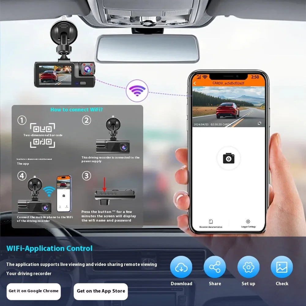 Wifi car driving recorder with 2.0 inch screen showing reversing camera display on dashboard