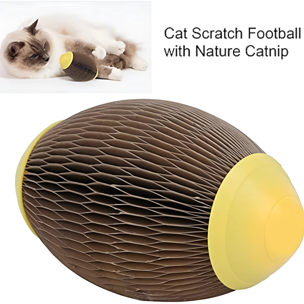Elliptical catnip ball toy made from brown recycled corrugated paper for scratching and play.
