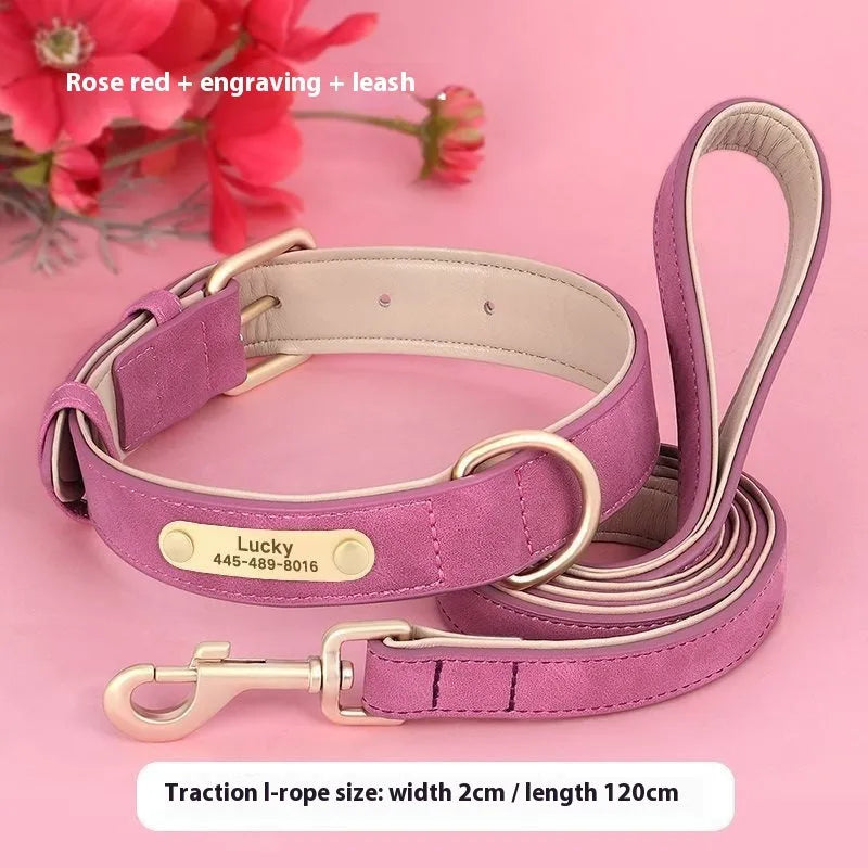 Double-layer leather dog collar and matching lead in rose red, showing adjustable buckle and size options.