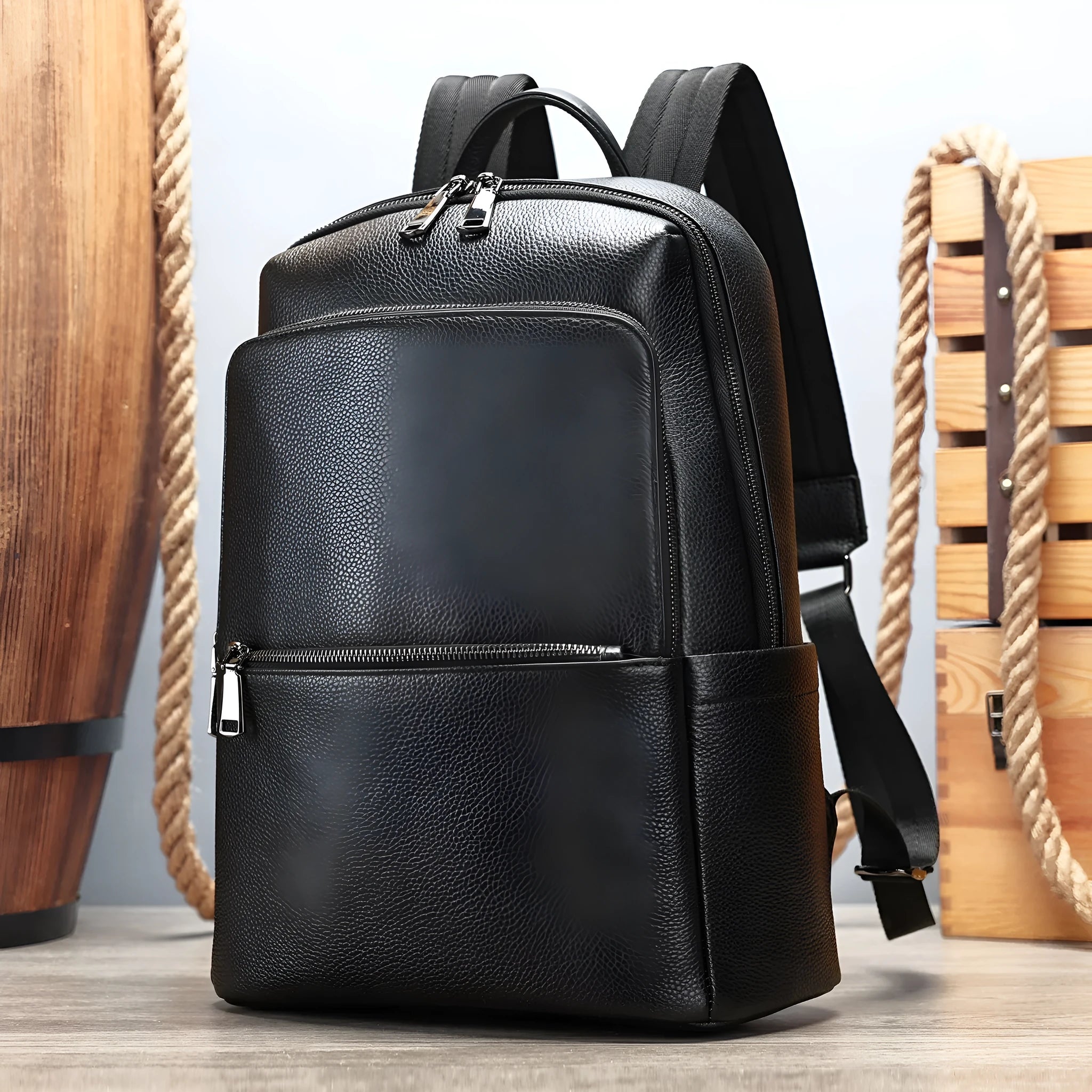 Men's genuine leather backpack in black, first layer cowhide, with a top handle and zipped main compartment