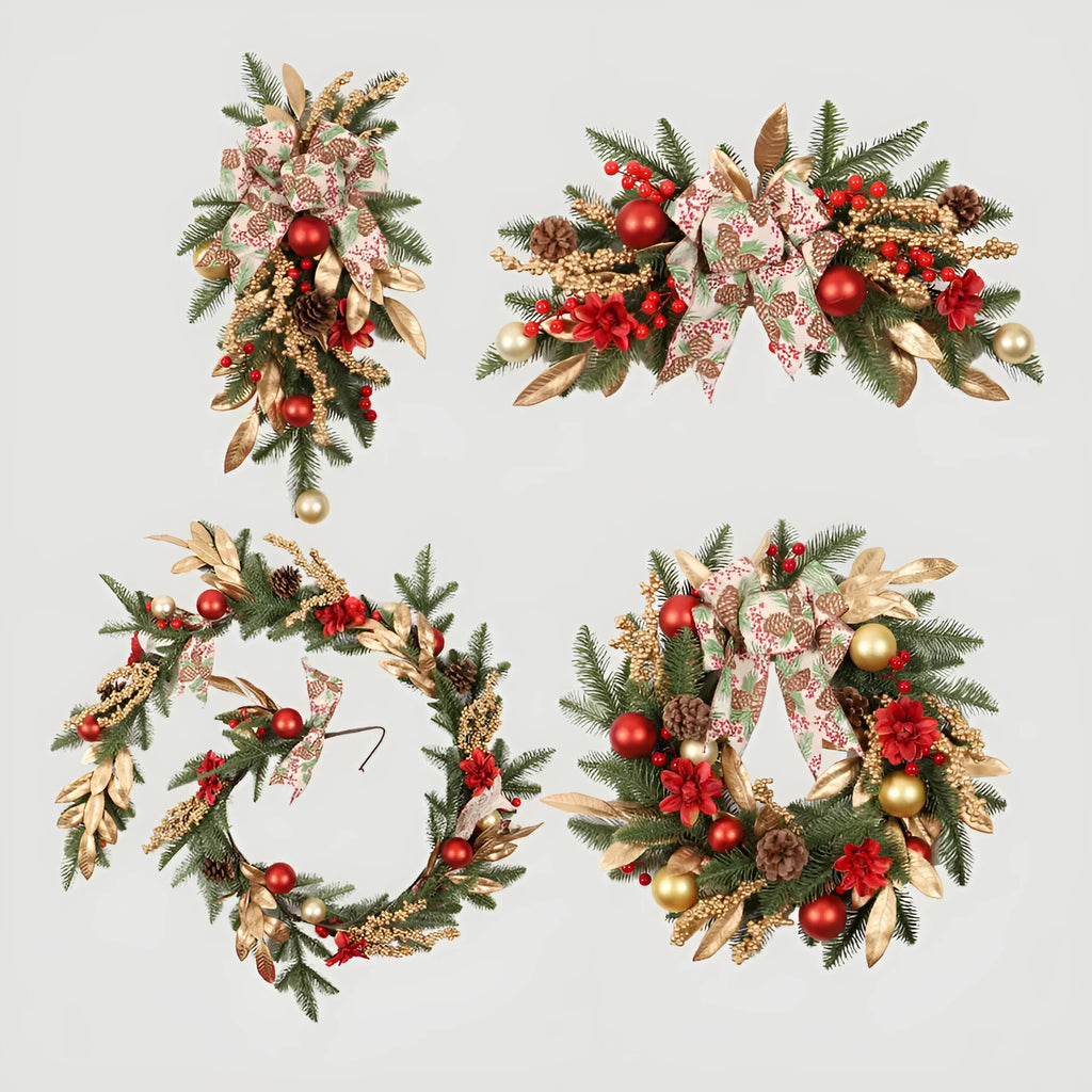 American country style artificial pine Christmas garland with optional LED lights in stair wall mounting configuration
