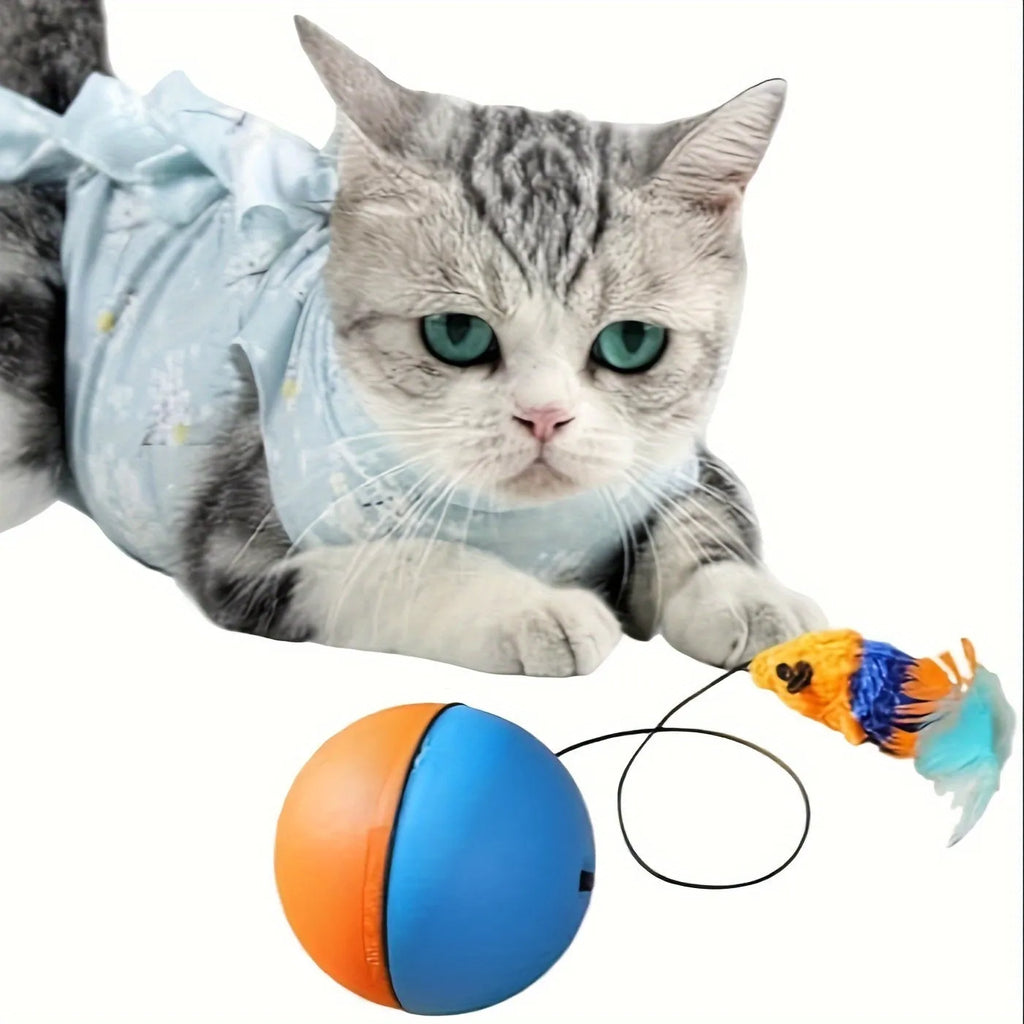 Interactive blue and orange cat toy ball with removable plush mouse for feline play