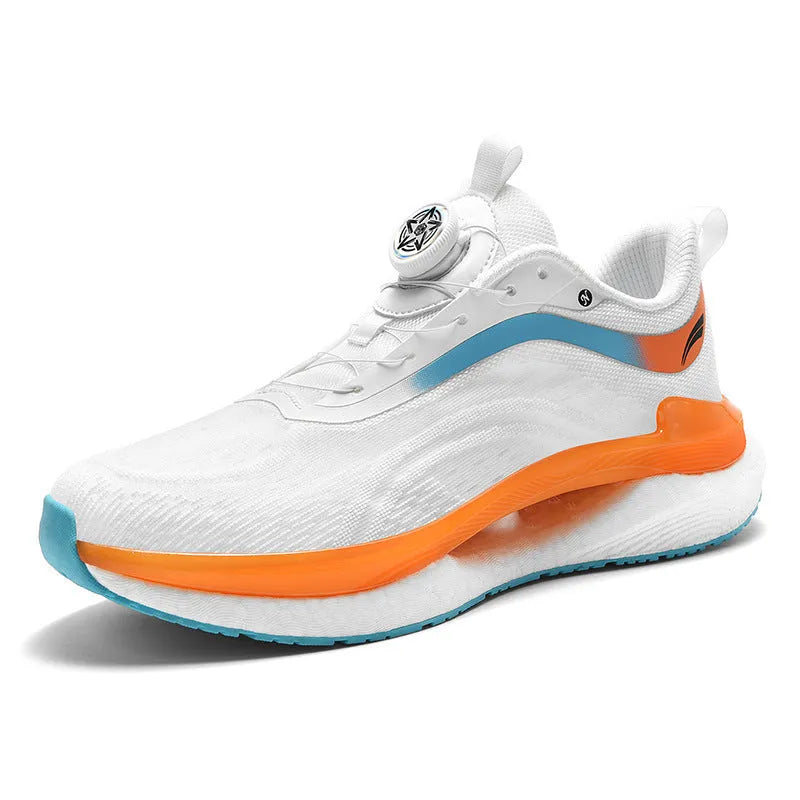 Men's high top breathable mesh running shoes in cotton candy colour with buckle closure and composite sole.