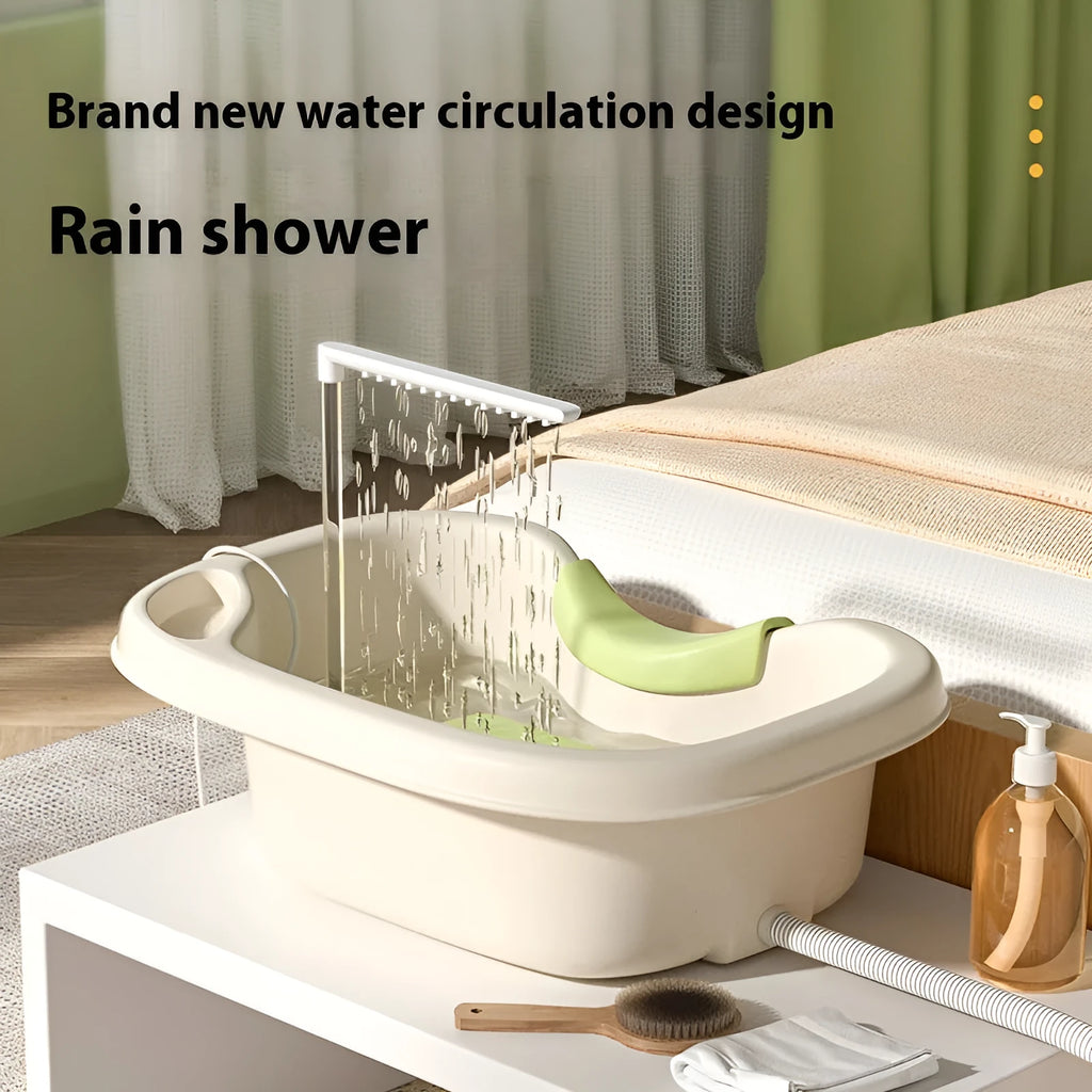 Light pink and beige plastic shampoo basin sets for bed use, showing adjustable neck pillow, water pump, and massage brush.