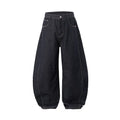 Men's wide leg denim trousers in original cow colour showing mid-waist design and cotton fabric