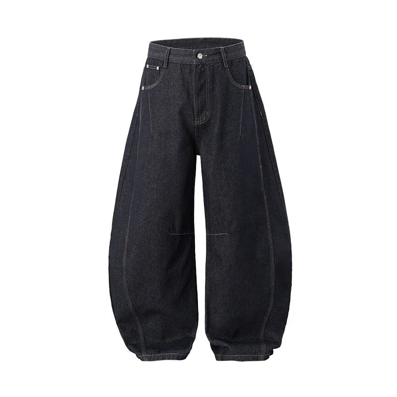 Men's wide leg denim trousers in original cow colour showing mid-waist design and cotton fabric