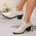 Pointed British style high heel chunky heel front lace-up low-top leather shoes in beige