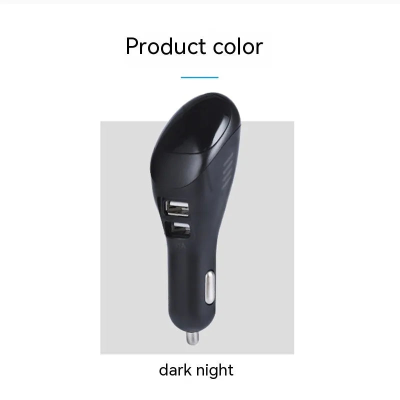 White car USB charger with built-in negative ion air purifier showing compact dimensions