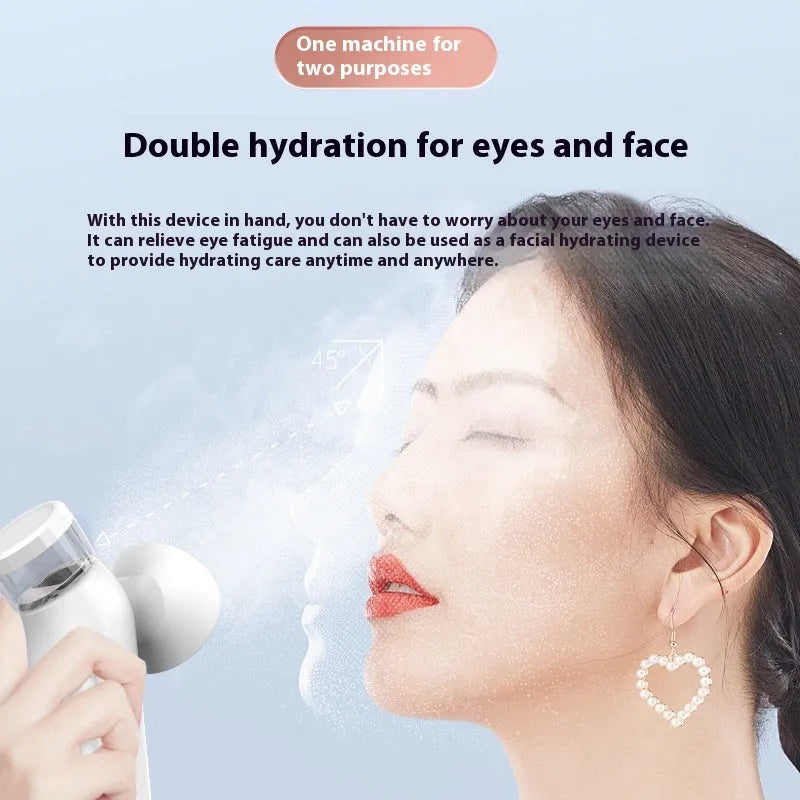 White portable rechargeable eye massager with cold hot compress functions and included accessories