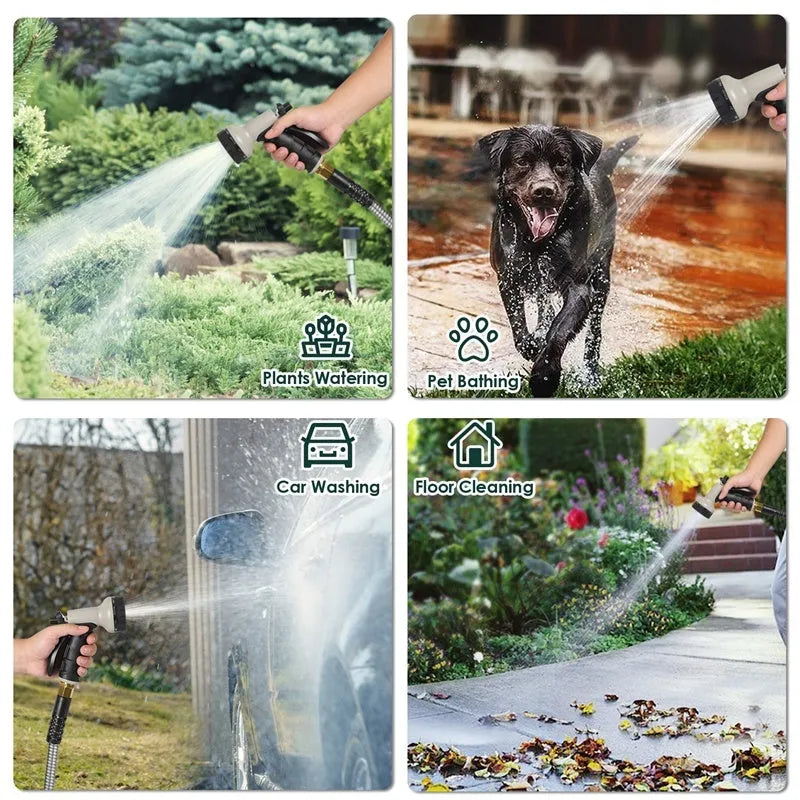 100ft stainless steel flexible garden hose with 10-pattern spray nozzle on grass