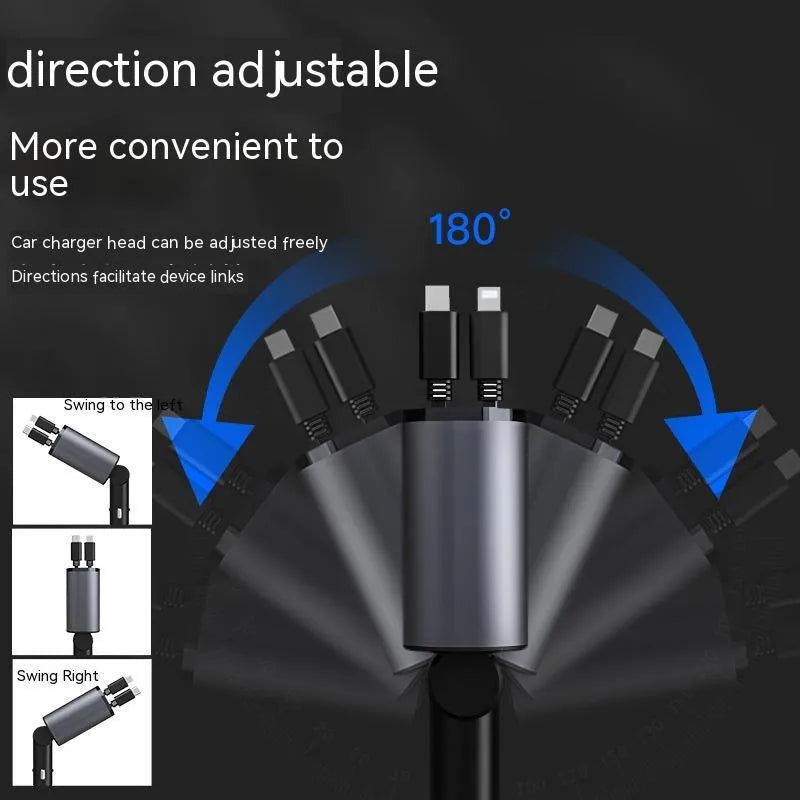 100W metal car charger with retractable cable and adjustable head for fast mobile charging in a car