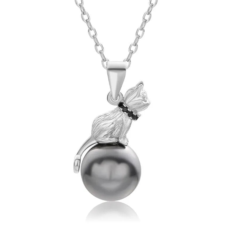 925 sterling silver cat pendant necklace with electroplated finish in clavicle length