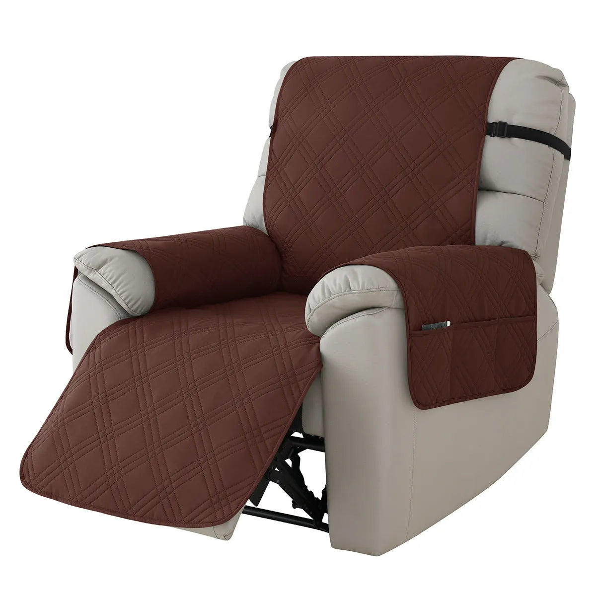 Quilted three-line sofa cover for a Chivas massage chair in peacock blue, showing stretch fit and textured pattern.