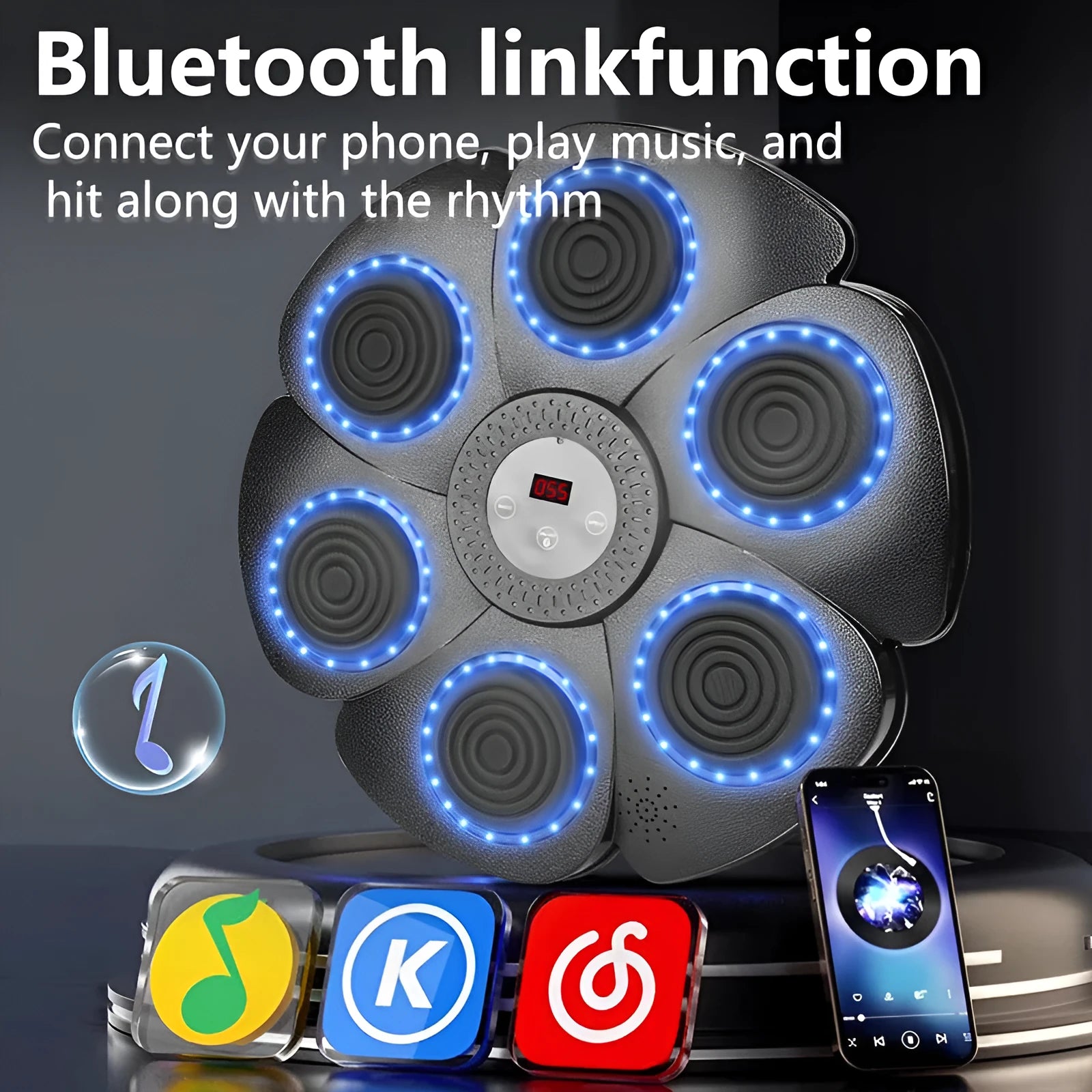 Black smart music boxing machine wall target with Bluetooth and light effects for indoor training