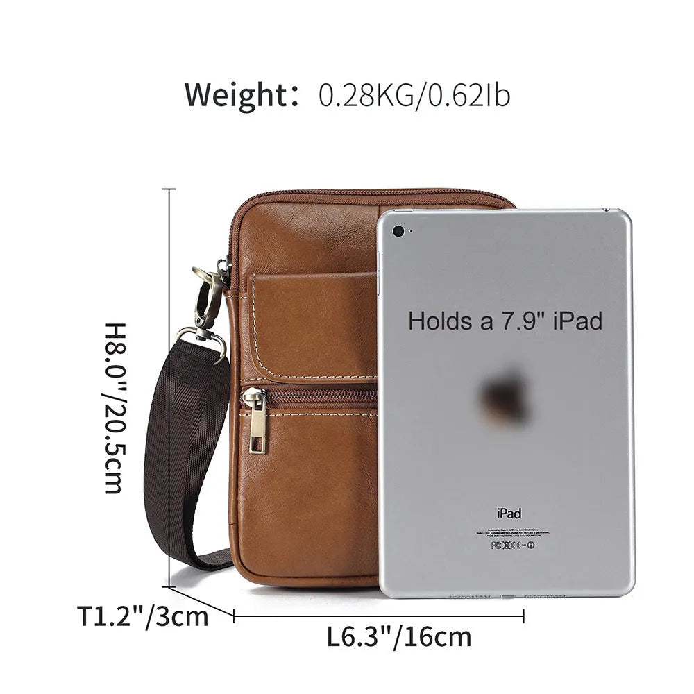Men's brown leather crossbody shoulder bag with visible sewing lines and polyester cotton lining