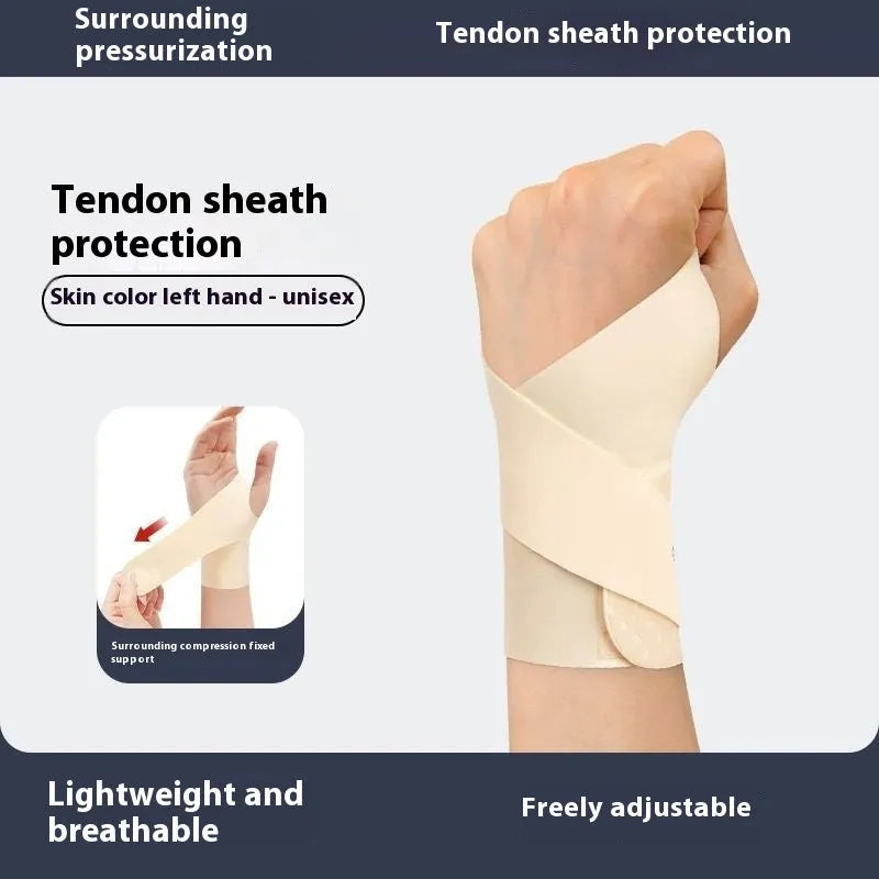Black adjustable athletic wristguard for wrist support during sports like badminton and tennis.