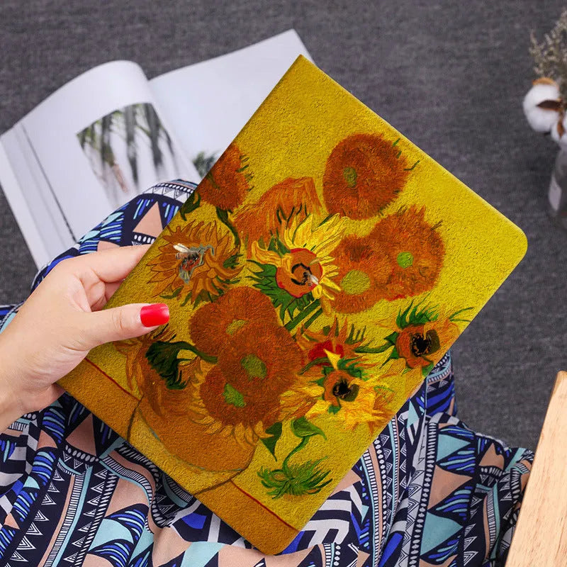 Handmade liquid silicone flip case for iPad with a floral oil painting design on the cover.
