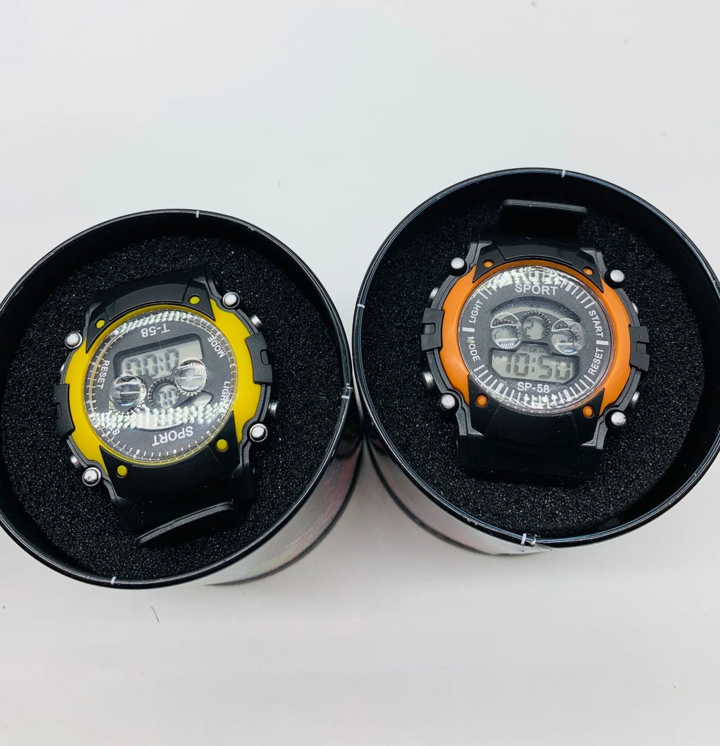 Children's digital sports watch with silicone strap, plastic case and mixed colour display.