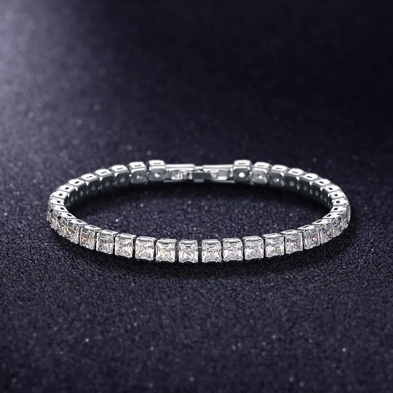 Electroplated real platinum women's square zircon bracelet with gang drill details in assorted colours.