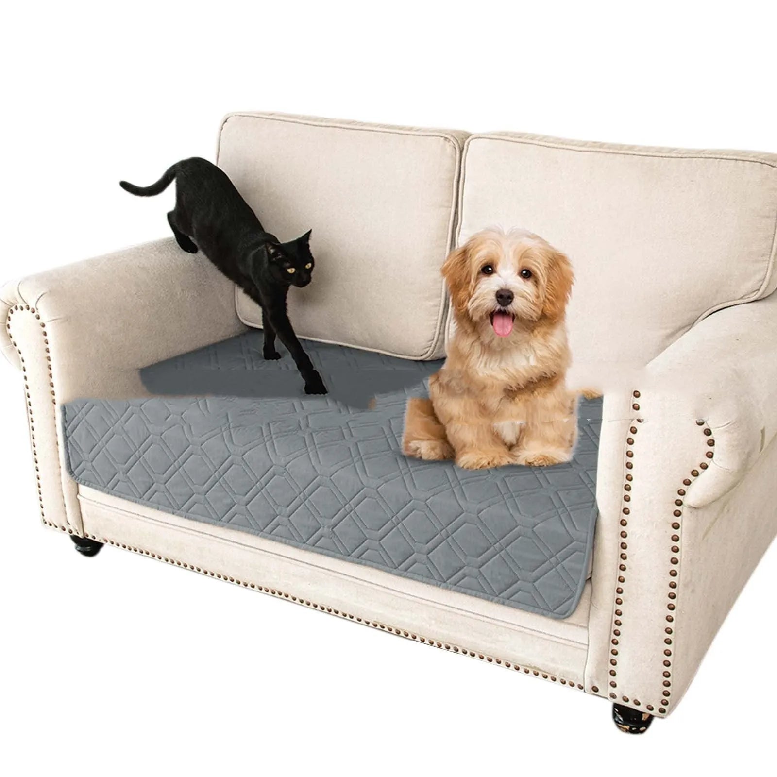 Reversible waterproof dog sofa cushion in dark grey and light grey or khaki and beige colours