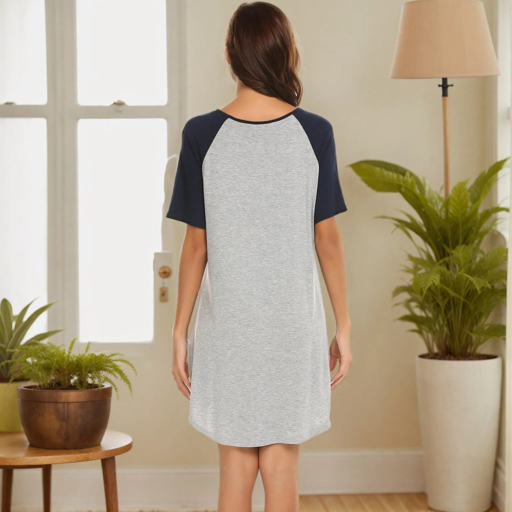 Women's double brushed nightdress with colour contrast patchwork design in ash and grey colour options