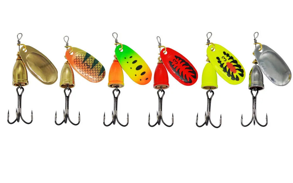 R composite rotating sequins copper bell fishing lure in 3# size showing seven colour options