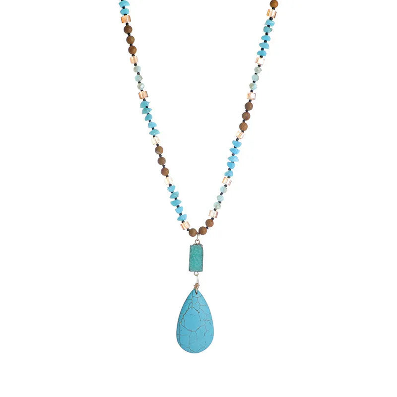 Blue turquoise water drop pendant necklace with heart-shaped gem inlay on ball bead chain