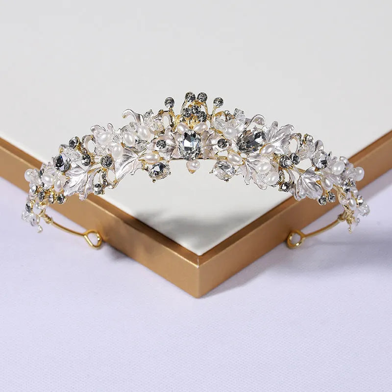 Pearl crown headdress for women with gold electroplated finish and alloy construction