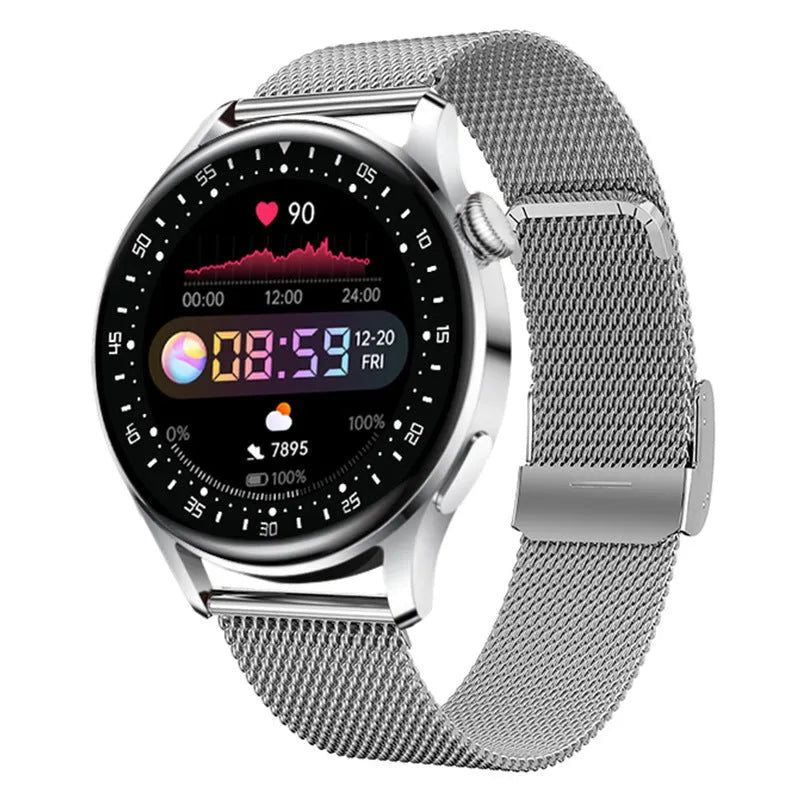Black leather strap smartwatch with 1.32 inch touchscreen displaying health metrics