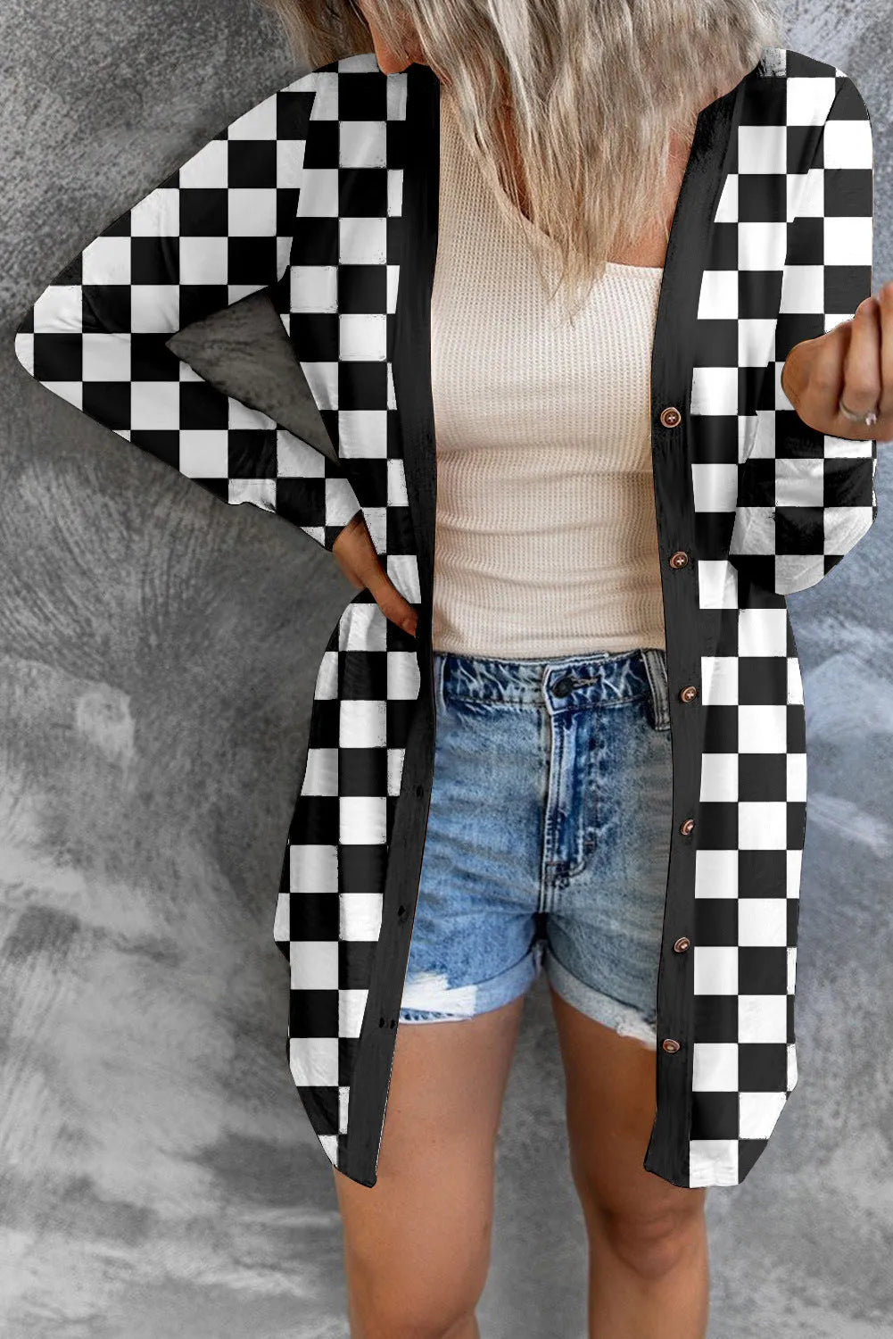 Women's long grey plaid loose fit cardigan coat with regular sleeves for street fashion.