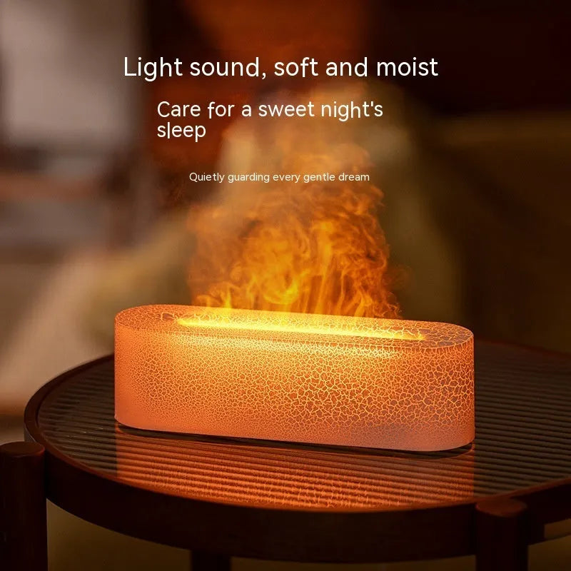 Square black lava flame aroma diffuser humidifier with USB cable on desktop