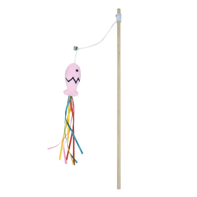 Wooden cat wand toy with colourful ribbons, catnip fish and bell attachment for interactive indoor play