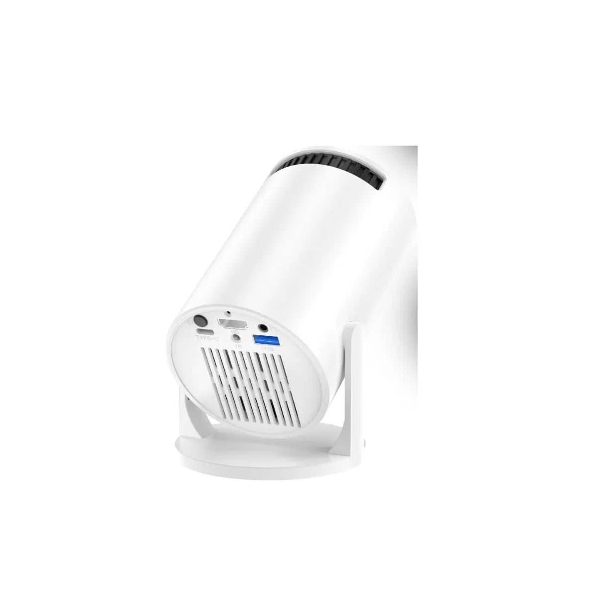 White mini wireless portable HD projector for home cinema use on a wooden table