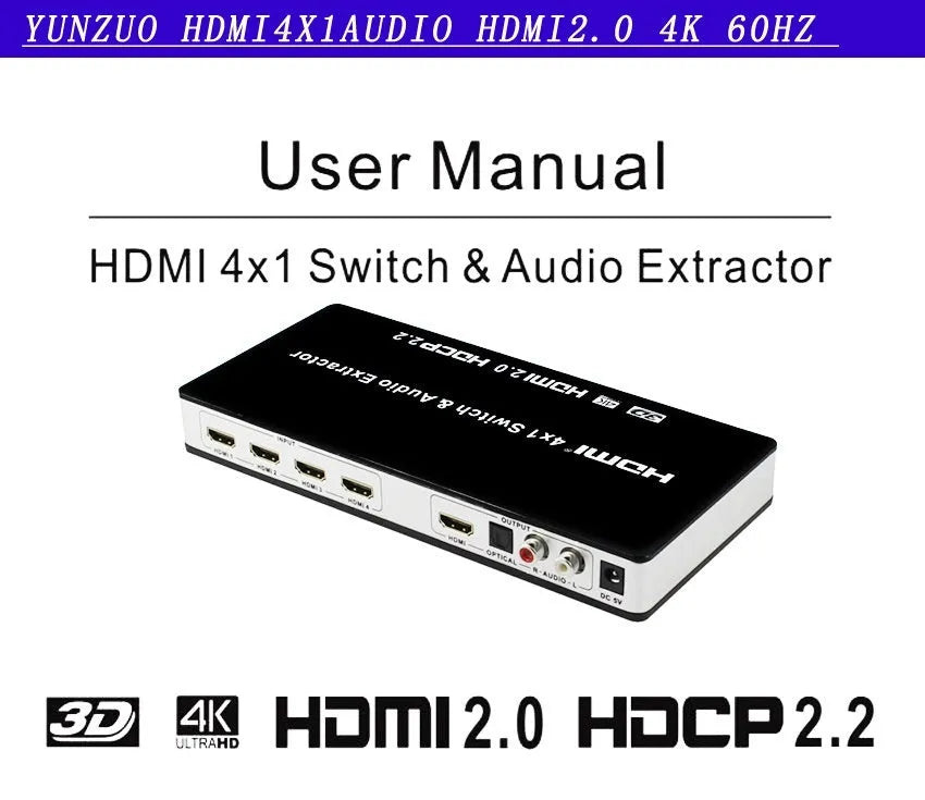 Black HDMI audio/video switch with remote control, showing four input ports and one output port.